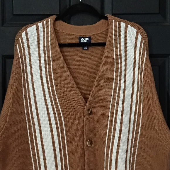 Lands' End Men's XL Warm Tawny Brown LS Vertical Stripe Cotton Blend Cardigan - Picture 5 of 16